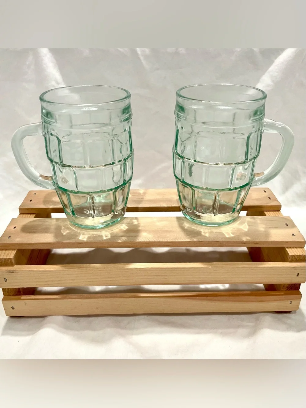 ☀️2/$20 Anchor Hocking Small Barrel Green-Tinted Vintage Glass Beer Mugs Set